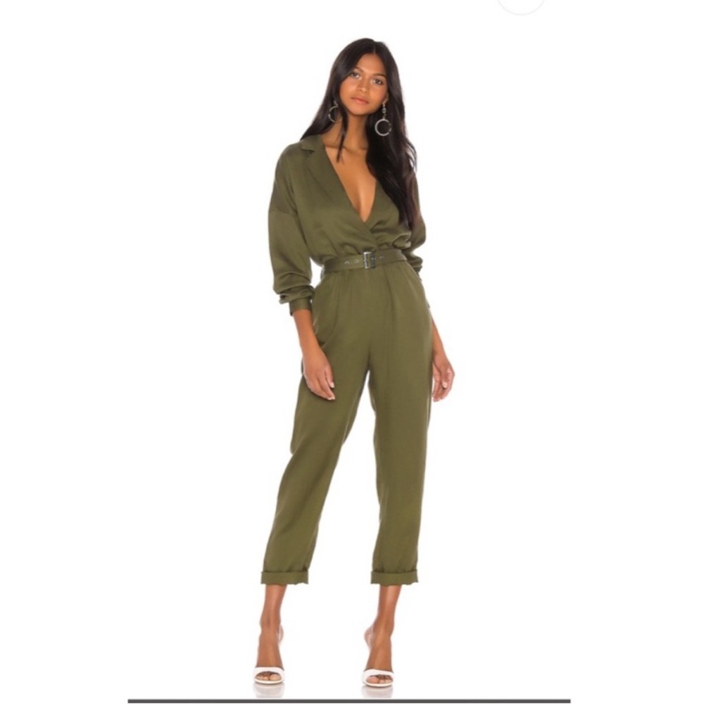L'Academie Deep V Olive Jumpsuit